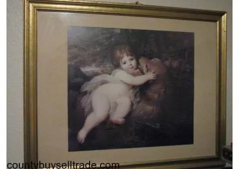 Goldleaf Framed -Matted - Cherub Baby Angel with Spirit Dog Painting